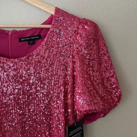 Boston Proper Sparkling Pink Sequin Short Sleeve Mini Dress Size 14 - Picture 5 of 9